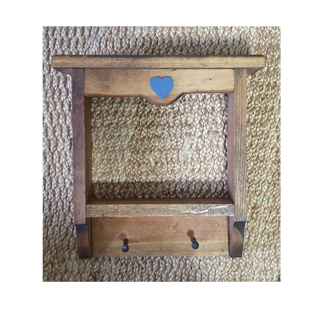 VTG Country Wooden Shelf with Blue Heart and Pegs Cottagecore Grandmacore
